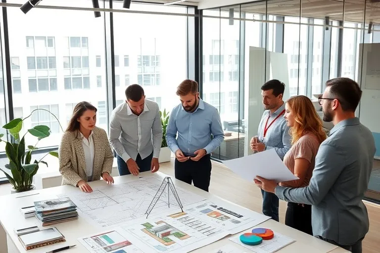 YCD Group mimarlık ve inşaat ekibi, modern ofis ortamında mimari projeler üzerinde işbirliği yapıyor, masa üzerindeki mimari planlar ve 3D bina modelleri, doğal ışıkla aydınlanmış yaratıcı ve profesyonel ekip çalışması