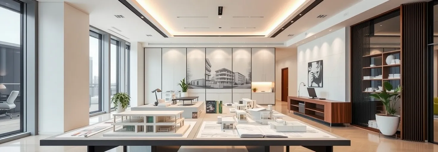 YCD Group modern mimarlık ofisi iç mekan görüntüsü, geniş pencerelerden doğal ışık alan şık ve minimalist tasarımlı profesyonel çalışma alanı, mimari planlar ve 3D modellerle donatılmış modern ofis
